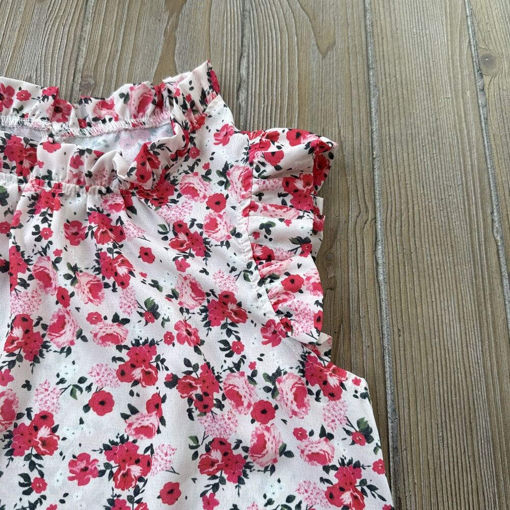 Pink White Floral Print Sleeveless Button Ruffled Neck Blouse Women’s Small - Picture 3 of 5